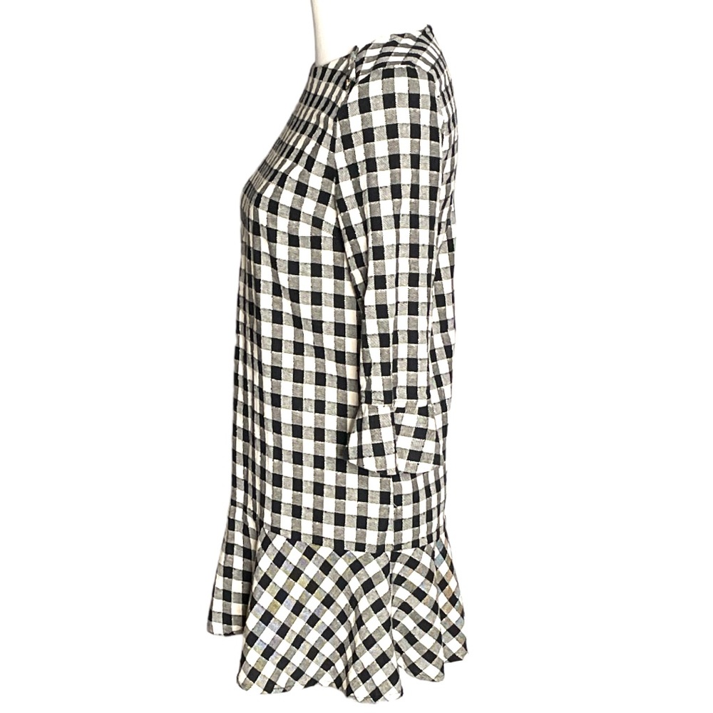 Zara Basics Gingham Bell Sleeve Mini Dress Black White Size XSmall - Picture 3 of 8